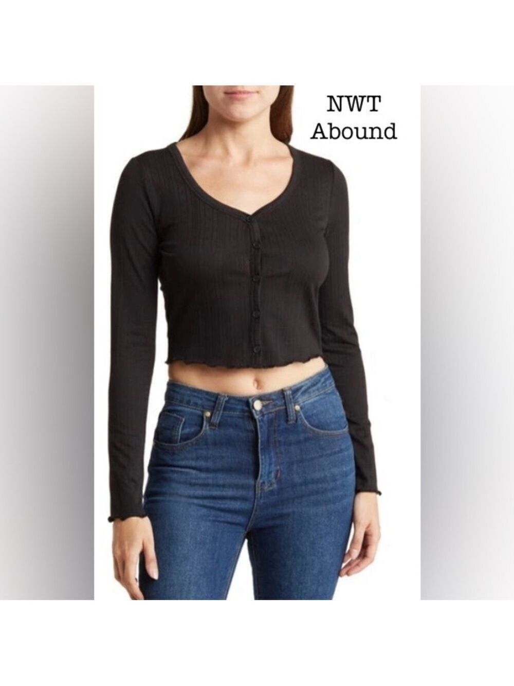 NWT ABOUND Pointelle Knit Button Up Y2K Style Crop Sweater in Jet Black size LG